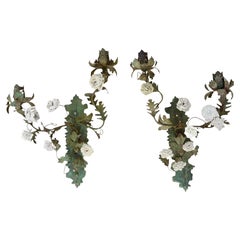 Antique Pair of Italian Tole and Porcelain Two-Light Wall Appliqués, 19th Century