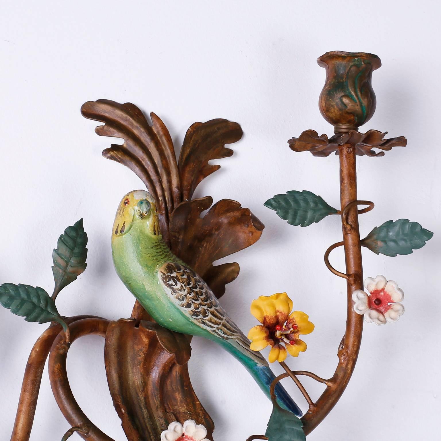 Pair of Italian Tole Bird Sconces In Good Condition In Palm Beach, FL