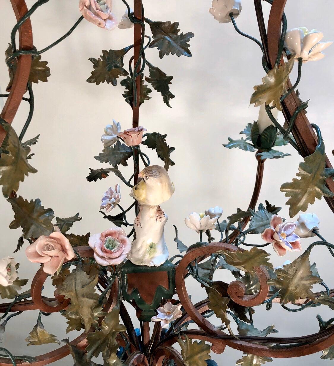 Pair of Italian Tôle Birdcage Shape Chandelier with Porcelain Flowers and Birds 3