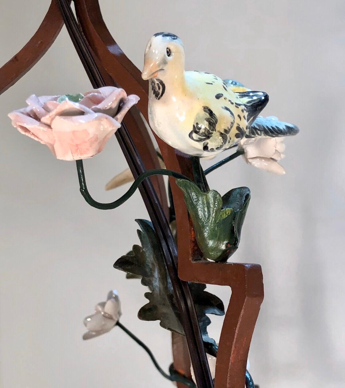 Pair of Italian Tôle Birdcage Shape Chandelier with Porcelain Flowers and Birds 6