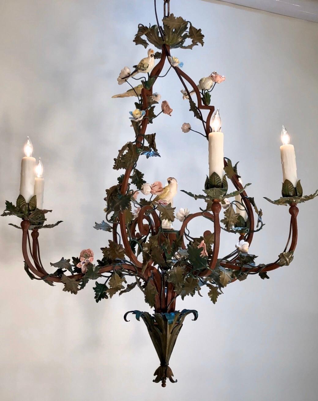 Pair of Italian Tôle Birdcage Shape Chandelier with Porcelain Flowers and Birds 7