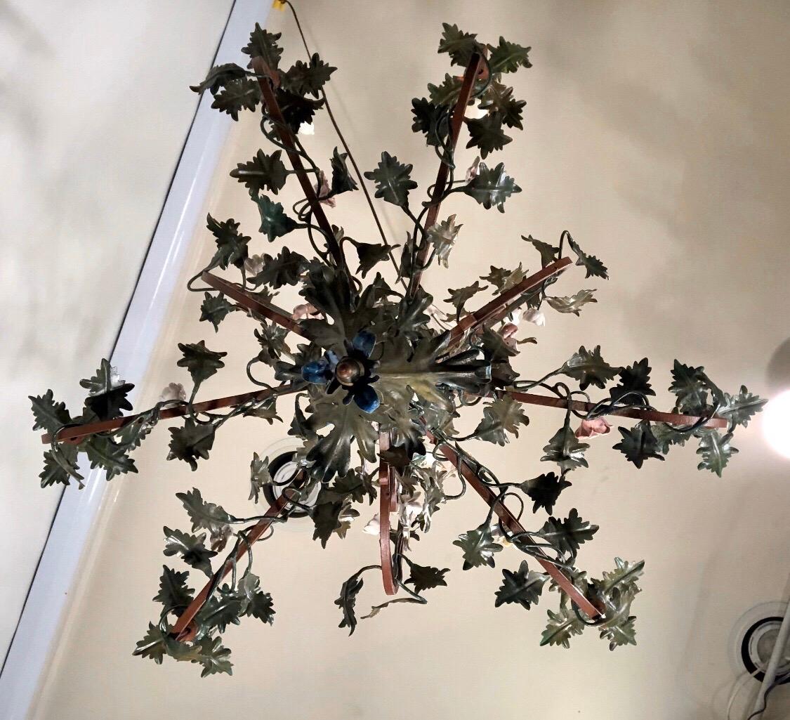 Pair of Italian Tôle Birdcage Shape Chandelier with Porcelain Flowers and Birds 8