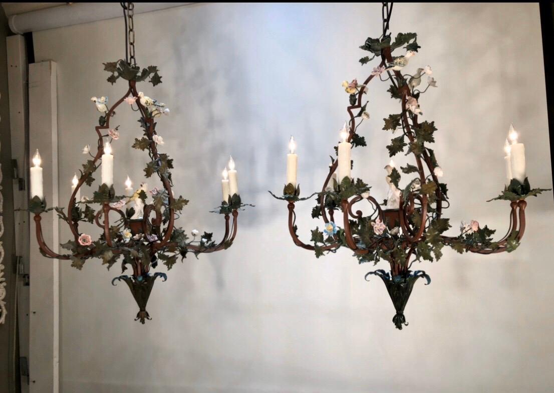 Pair of Italian Tôle Birdcage Shape Chandelier with Porcelain Flowers and Birds 10