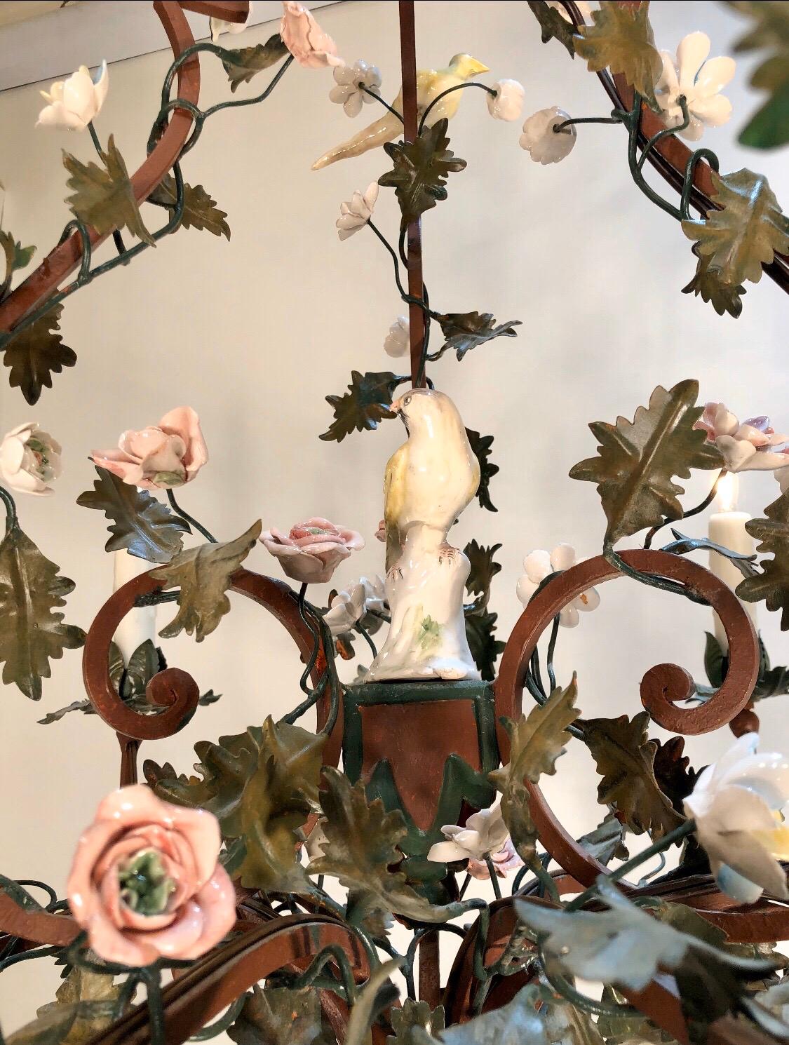 Louis XIV Pair of Italian Tôle Birdcage Shape Chandelier with Porcelain Flowers and Birds