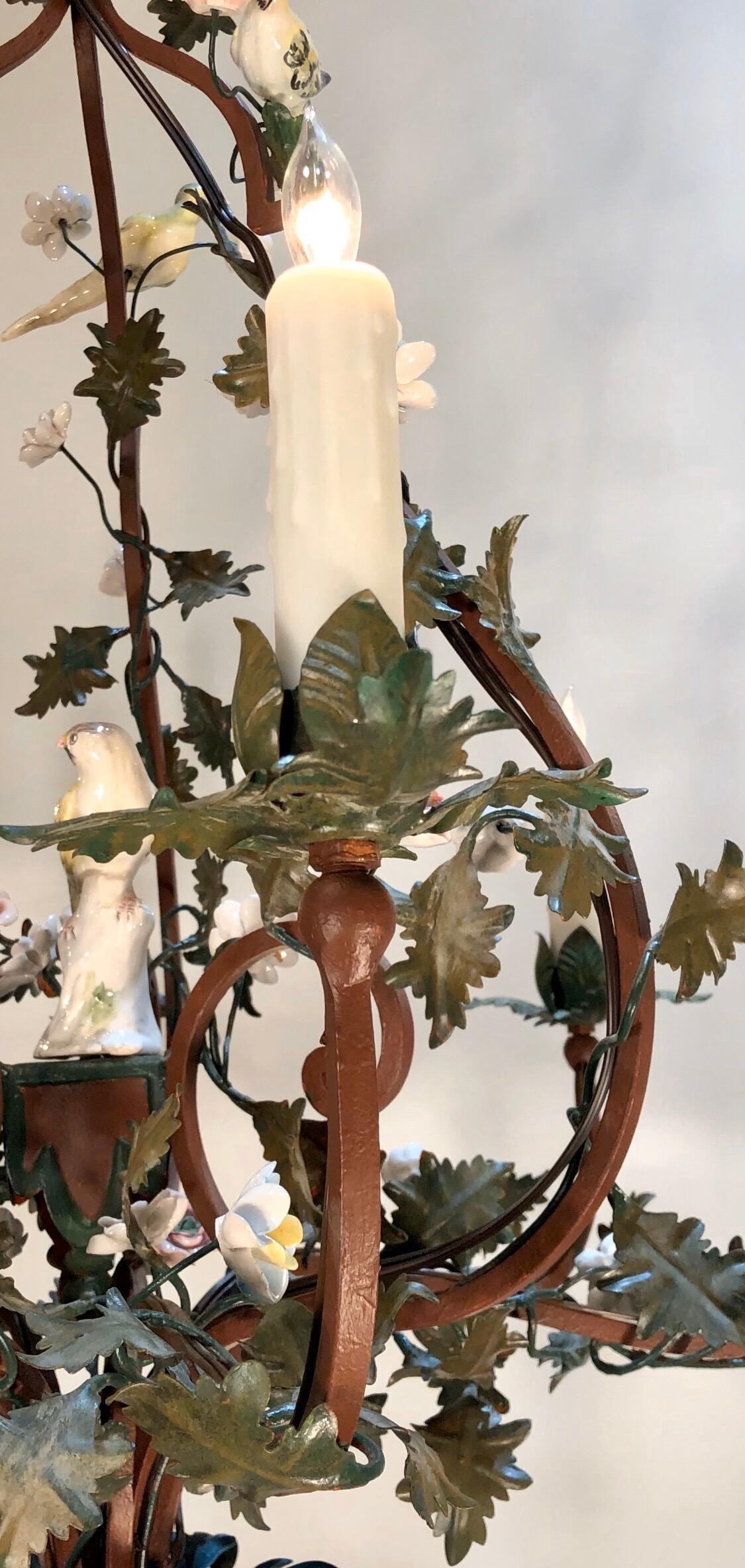 Pair of Italian Tôle Birdcage Shape Chandelier with Porcelain Flowers and Birds 1