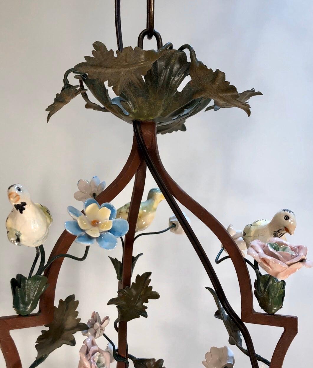 Pair of Italian Tôle Birdcage Shape Chandelier with Porcelain Flowers and Birds 2