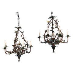 Vintage Pair of Italian Tôle Birdcage Shape Chandelier with Porcelain Flowers and Birds