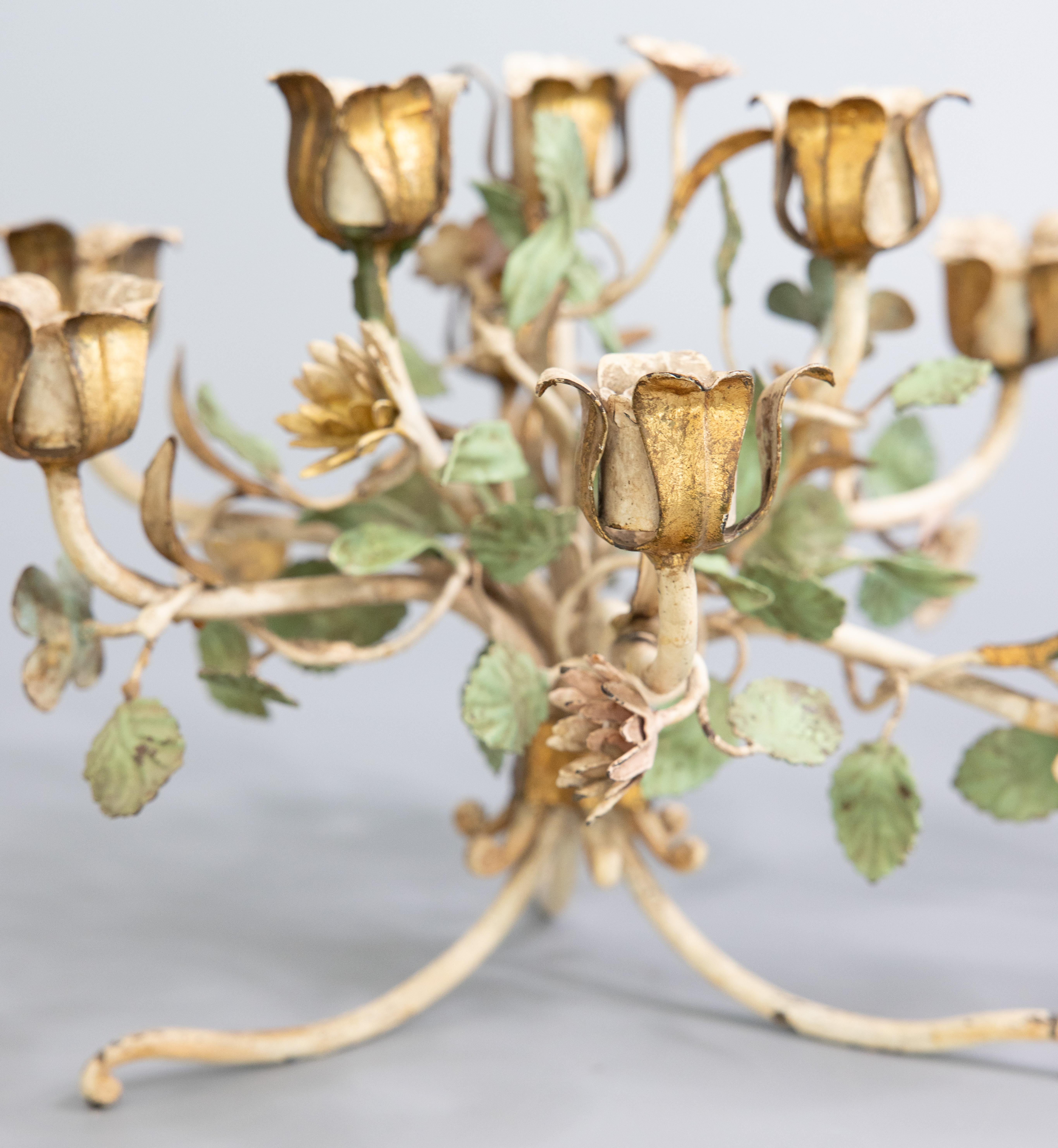 Hand-Painted Pair of Italian Tole Floral Wildflowers Candelabras Centerpieces, circa 1950 For Sale