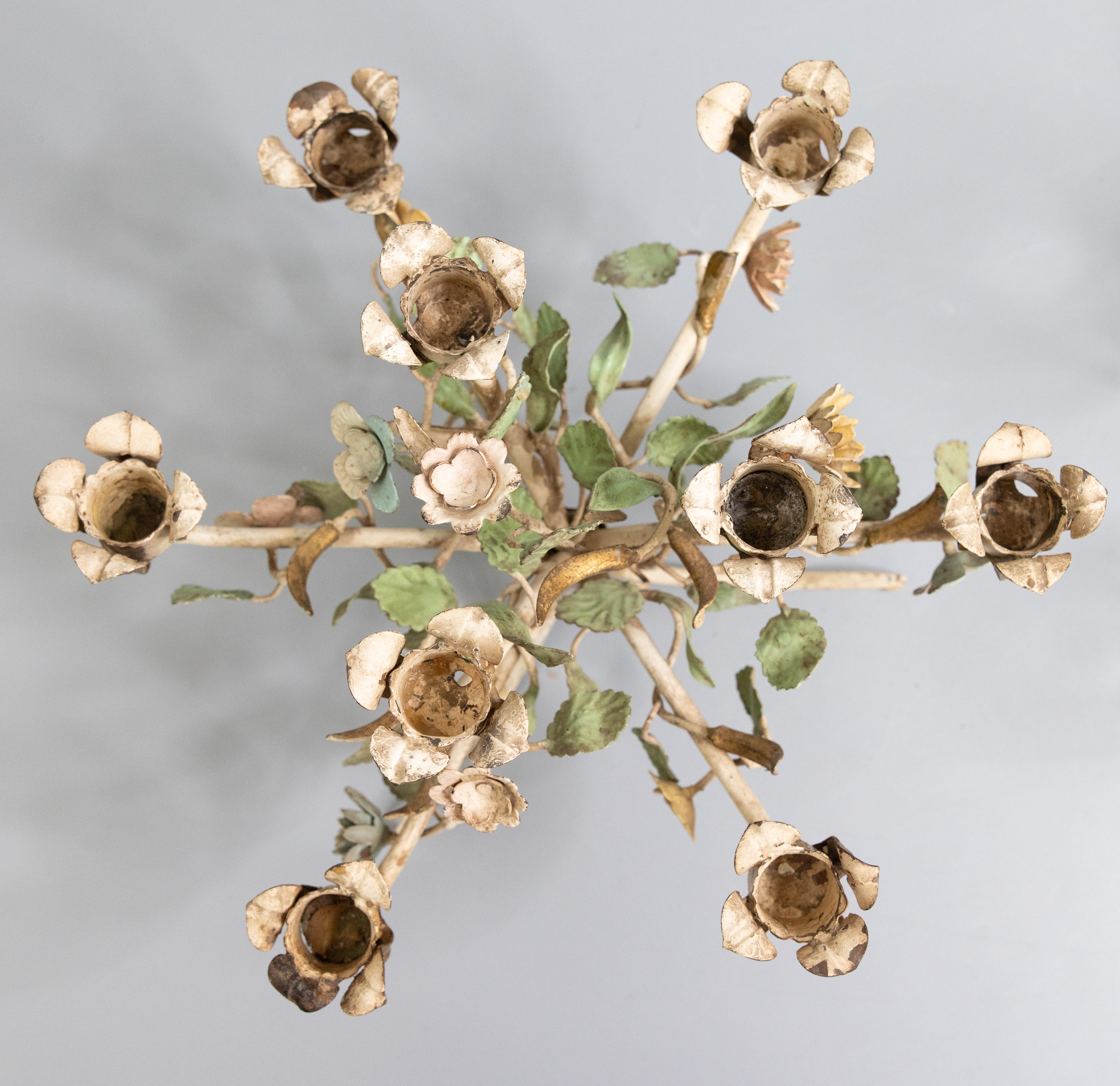 Pair of Italian Tole Floral Wildflowers Candelabras Centerpieces, circa 1950 For Sale 2