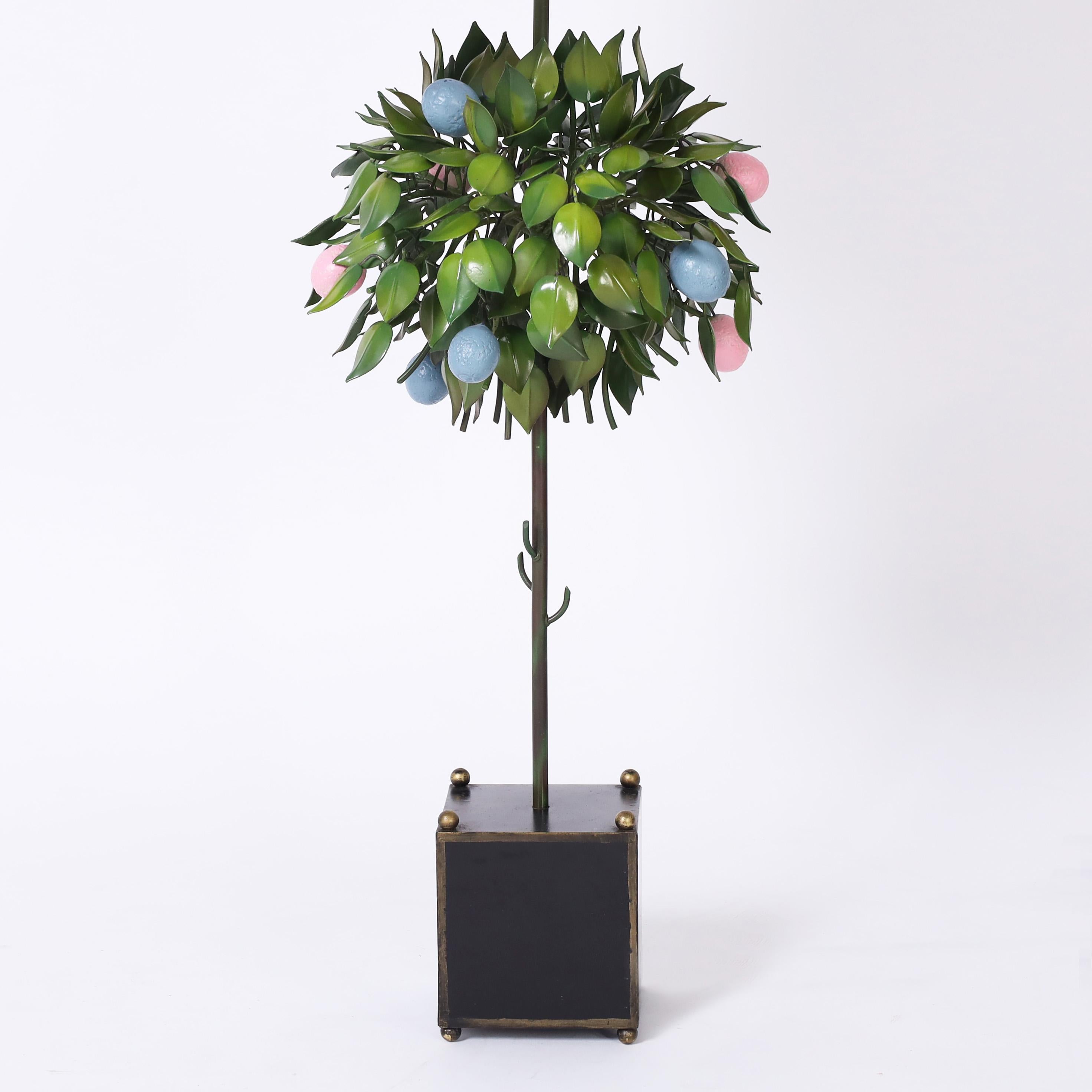 Mid-Century Modern Pair of Italian Tole Fruit Tree Table Lamps For Sale