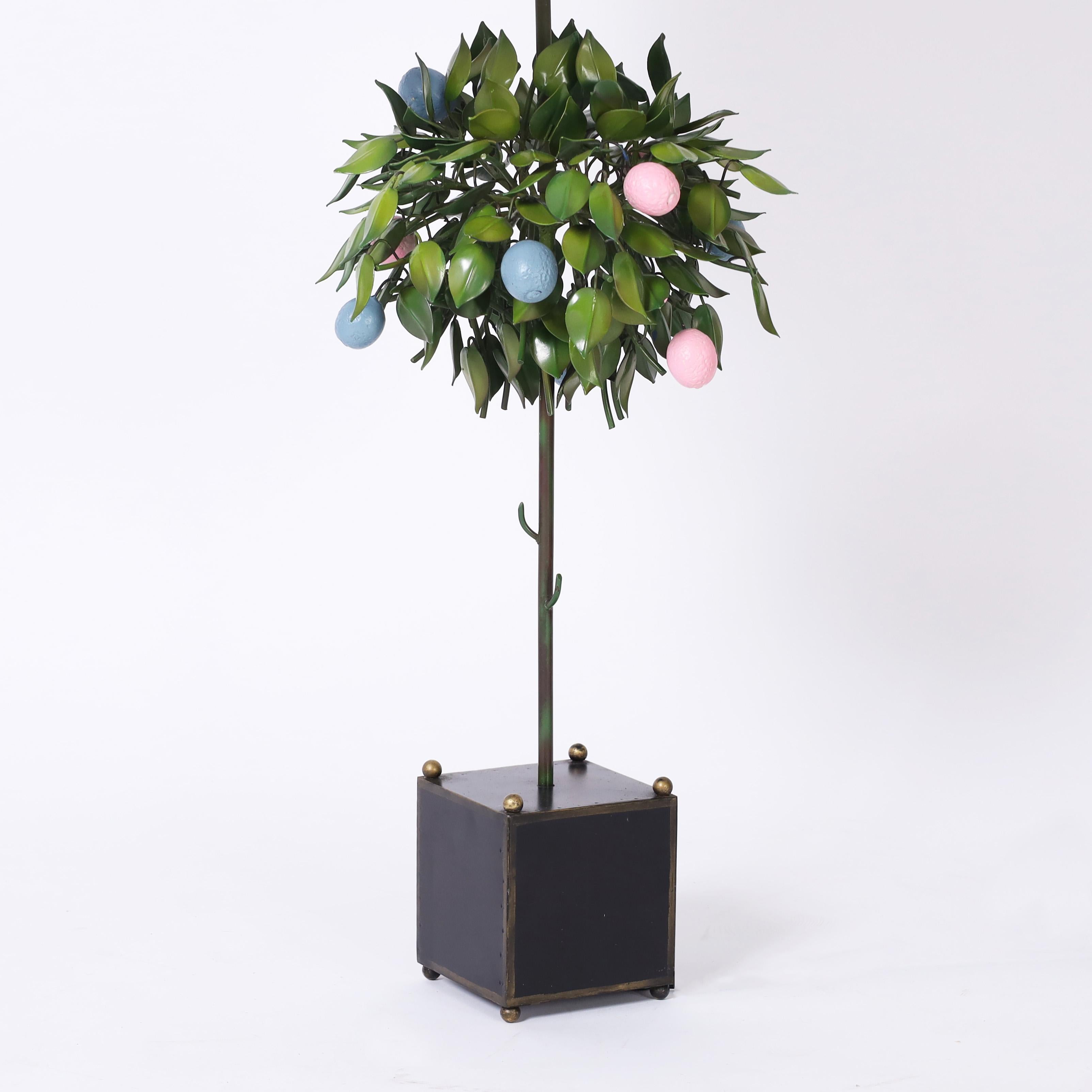 Hand-Painted Pair of Italian Tole Fruit Tree Table Lamps For Sale