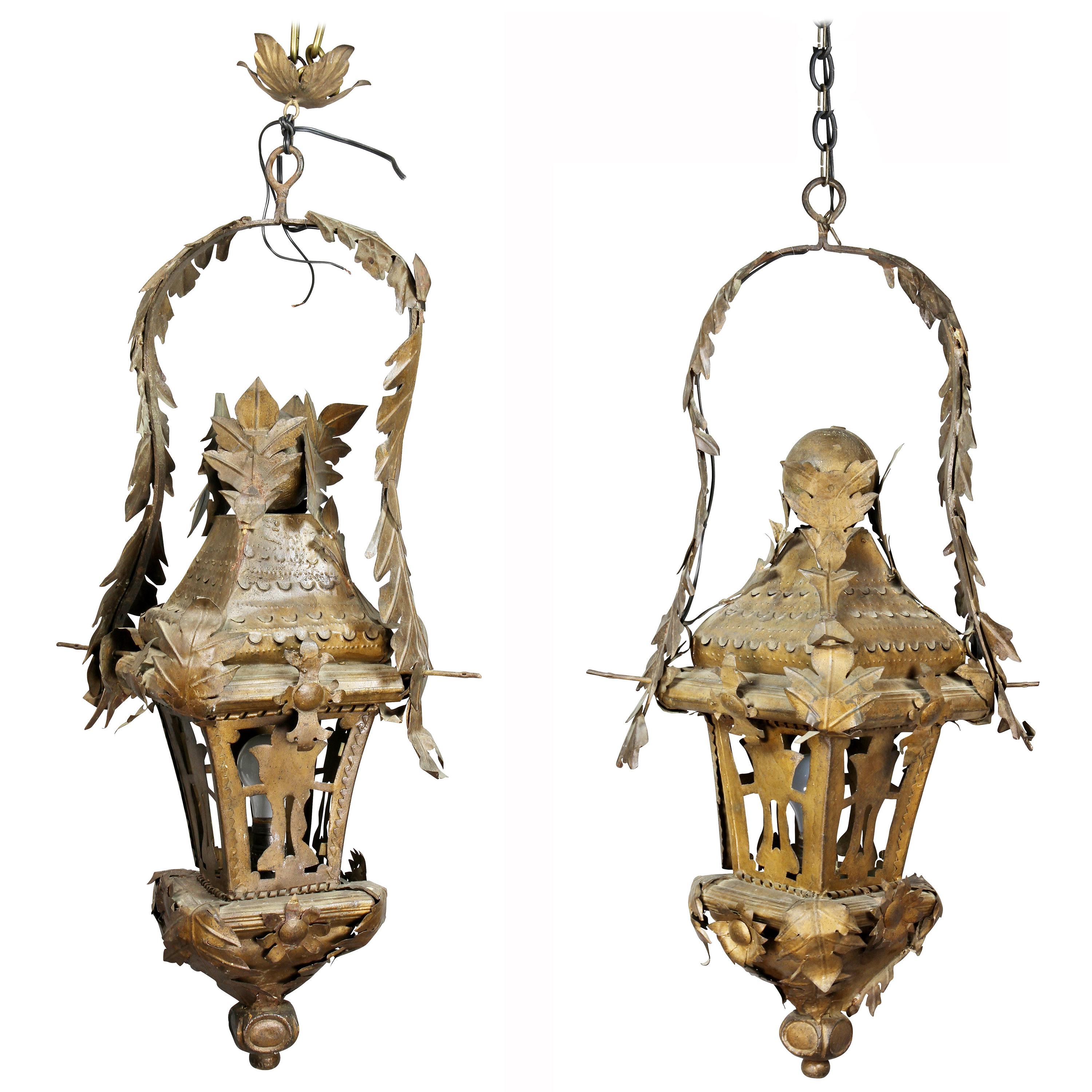 Pair of Italian Tole Hanging Lanterns For Sale
