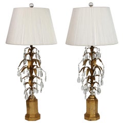 Pair of Italian Tole Lamps With Gilt Leaves and Crystals
