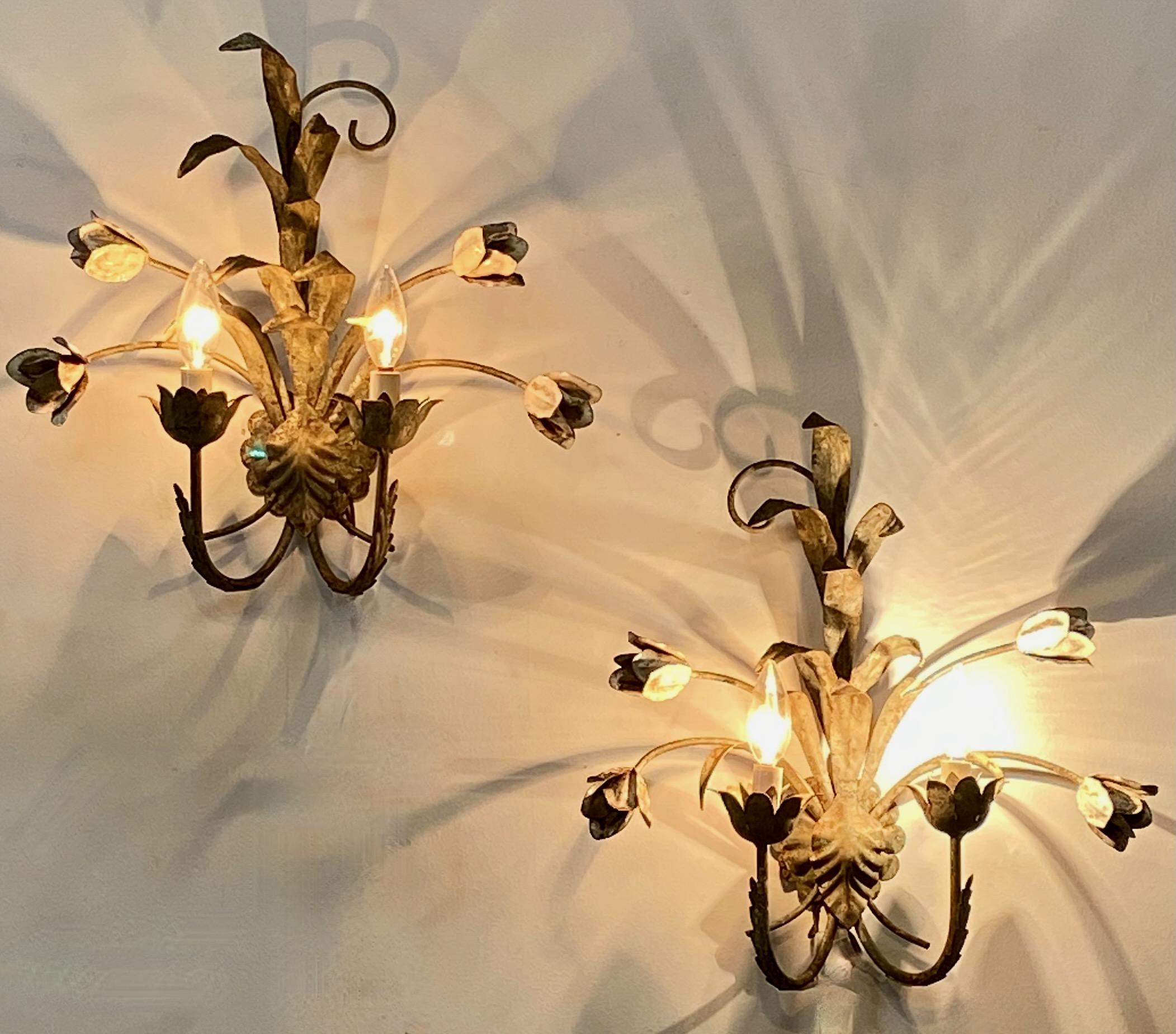 Other Pair of Italian Tole Painted Floral Tulip Sconces, Circa 1950