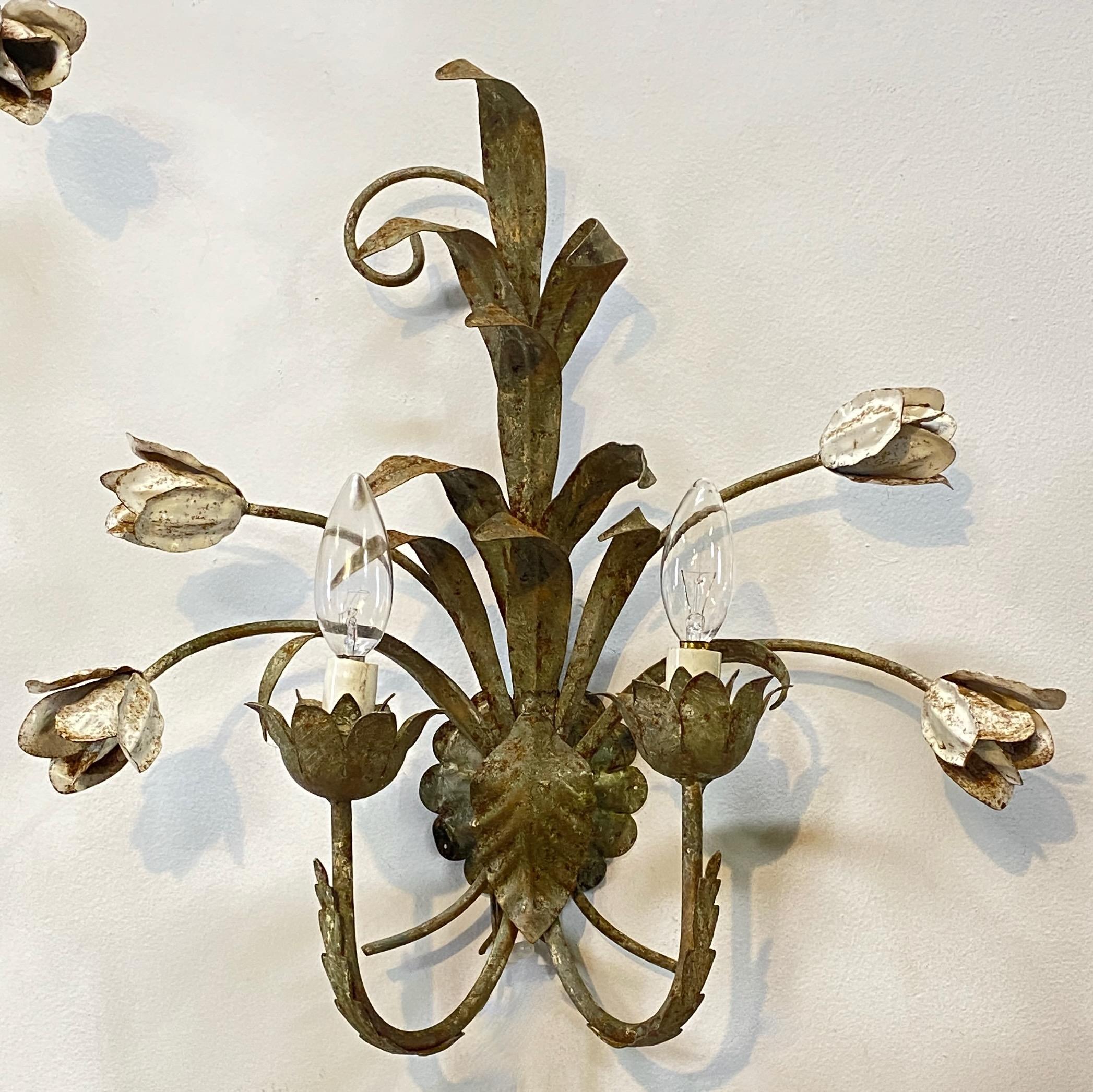 Hand-Painted Pair of Italian Tole Painted Floral Tulip Sconces, Circa 1950