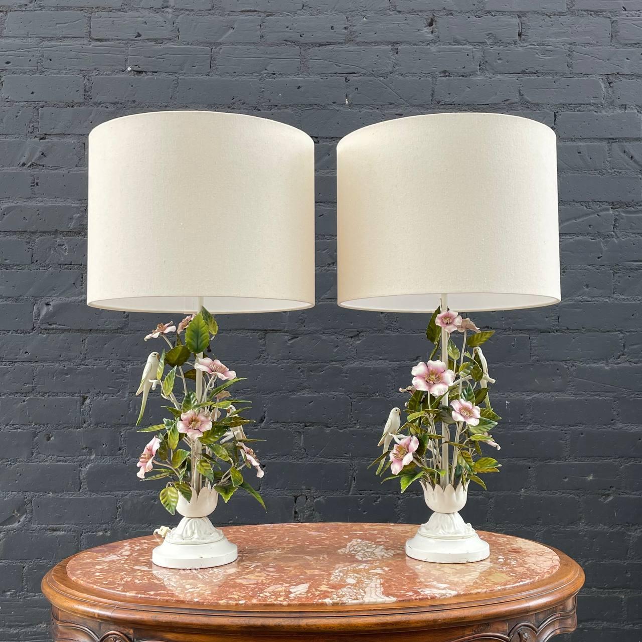 Pair of Italian Tole-Painted Pink Magnolias & Love Birds Table Lamps 

Country: Italy
Materials: Metal
Condition: New Sockets & Harps, New Custom Linen Shades
Style: Italian Antique
Year: 1950s

$1,895 pair 

Dimensions:
28”H x 10”W x