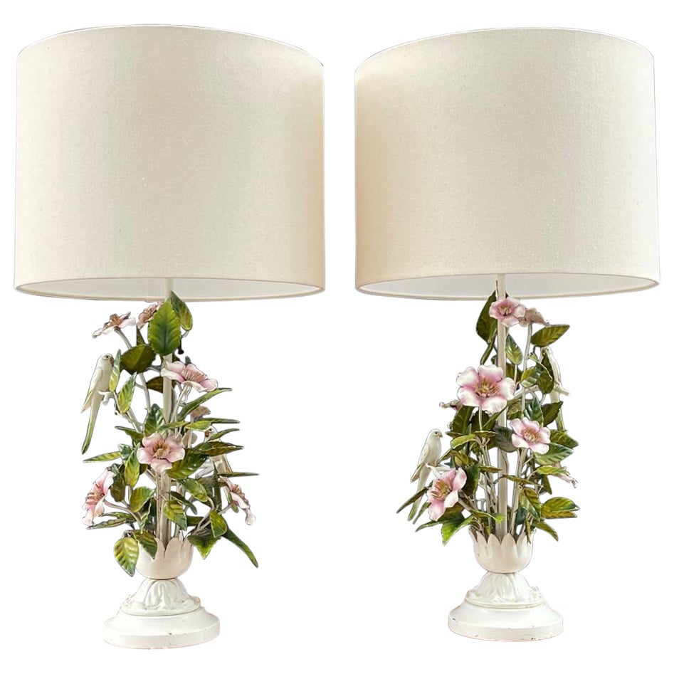 Pair of Italian Tole-Painted Pink Magnolias 
Love Birds Table Lamps