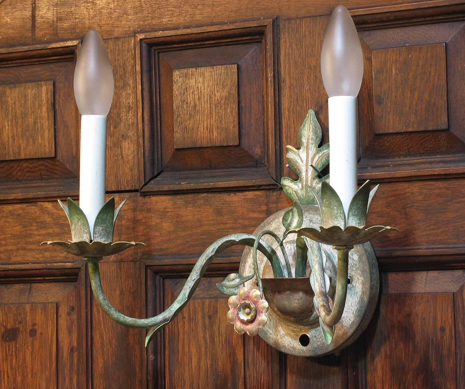 Metal Pair of Italian Tole Peinte 'Painted' Two-Branch Sconces, Mid-20th Century