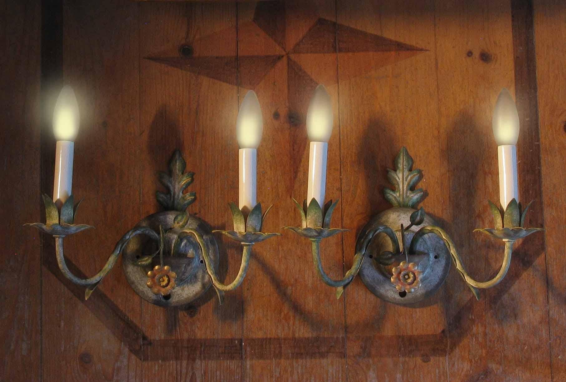 Pair of Italian Tole Peinte 'Painted' Two-Branch Sconces, Mid-20th Century 3