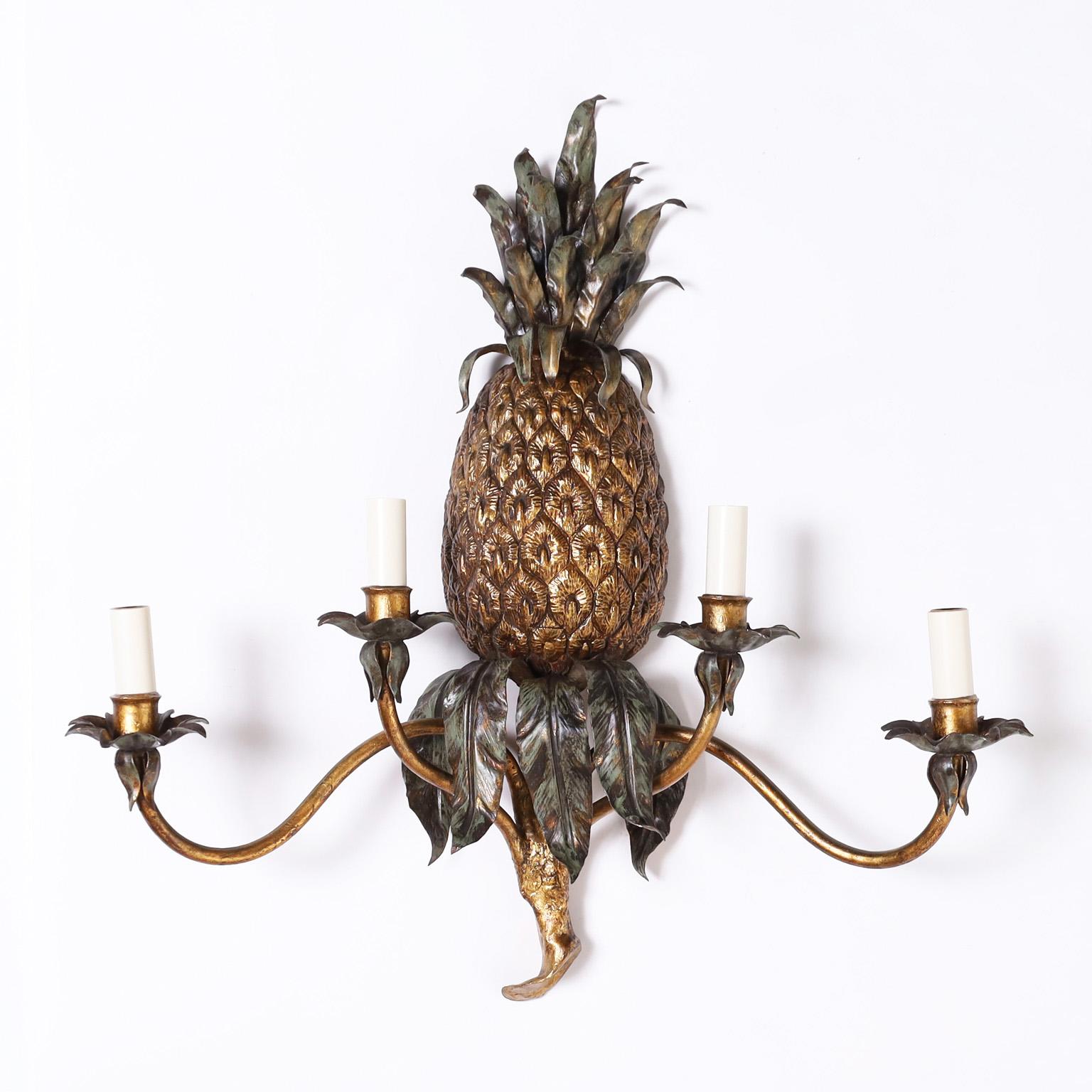 Neoclassical Pair of Italian Tole Pineapple Wall Sconces For Sale
