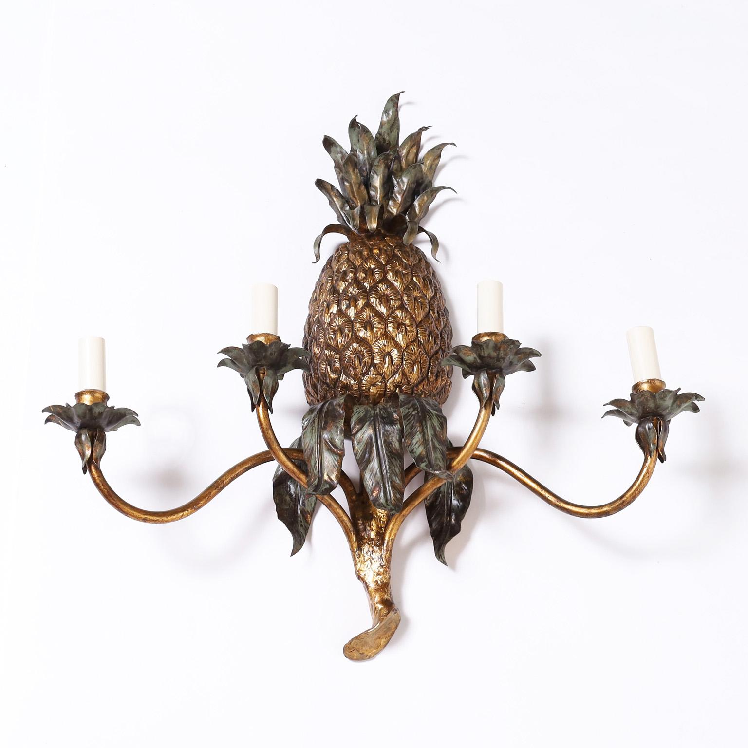 Hand-Painted Pair of Italian Tole Pineapple Wall Sconces For Sale