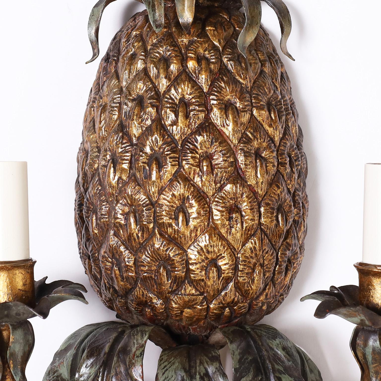 20th Century Pair of Italian Tole Pineapple Wall Sconces For Sale