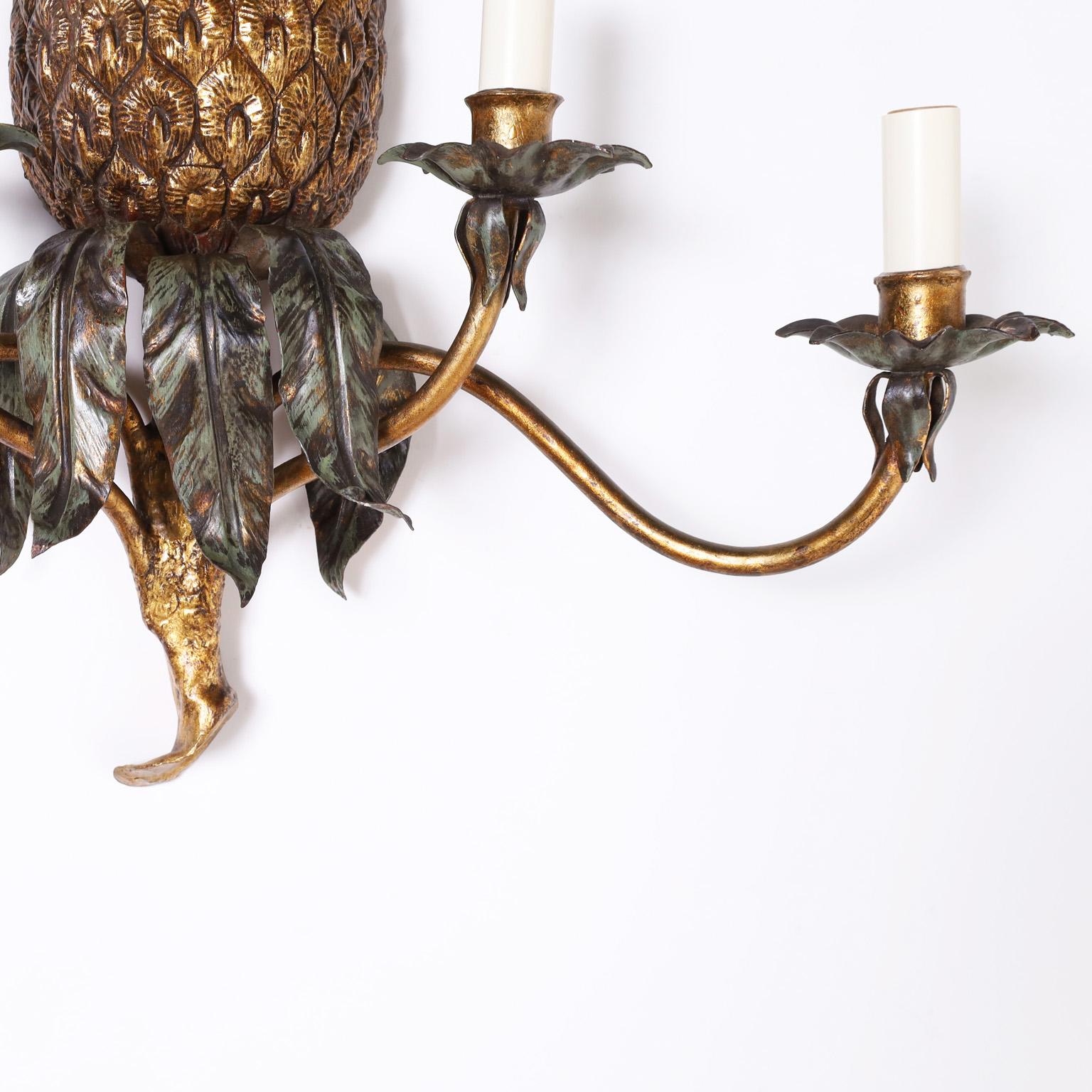 Metal Pair of Italian Tole Pineapple Wall Sconces For Sale