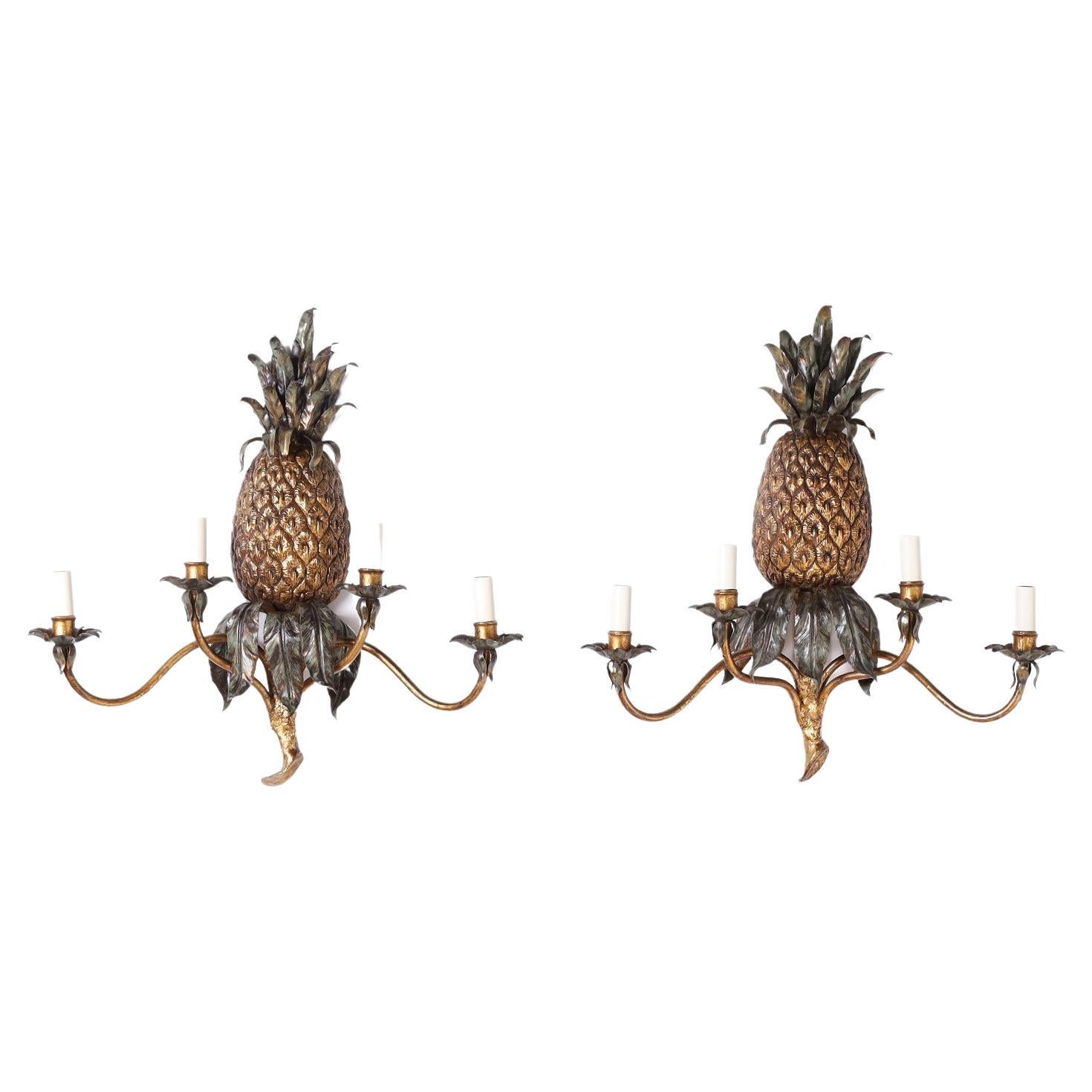 Pair of Italian Tole Pineapple Wall Sconces For Sale