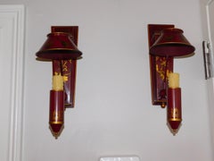 Pair of Italian Tole Red & Gilt Decorative Single Arm Shaded Wall Sconces 20th C