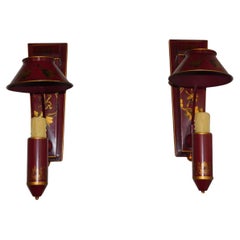 Vintage Pair of Italian Tole Red & Gilt Decorative Single Arm Shaded Wall Sconces 20th C