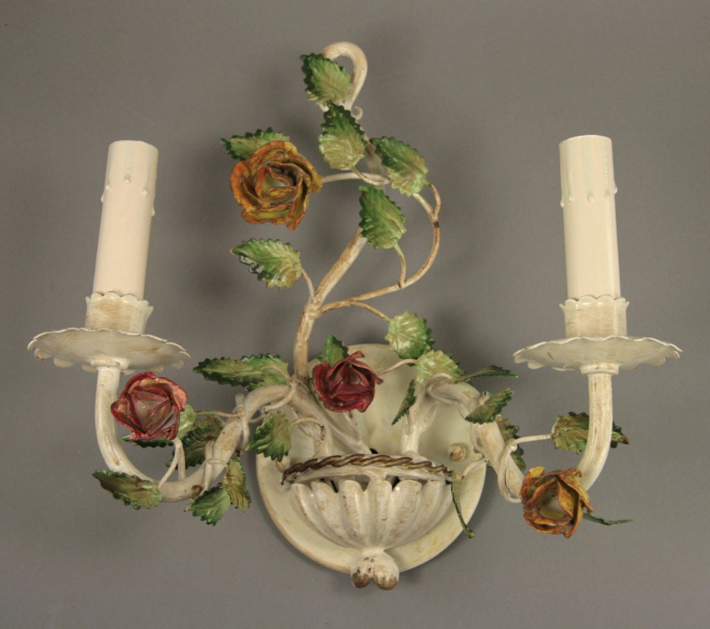 Pair of Italian Tole Roses Double Arm Sconces In Good Condition In Douglas Manor, NY