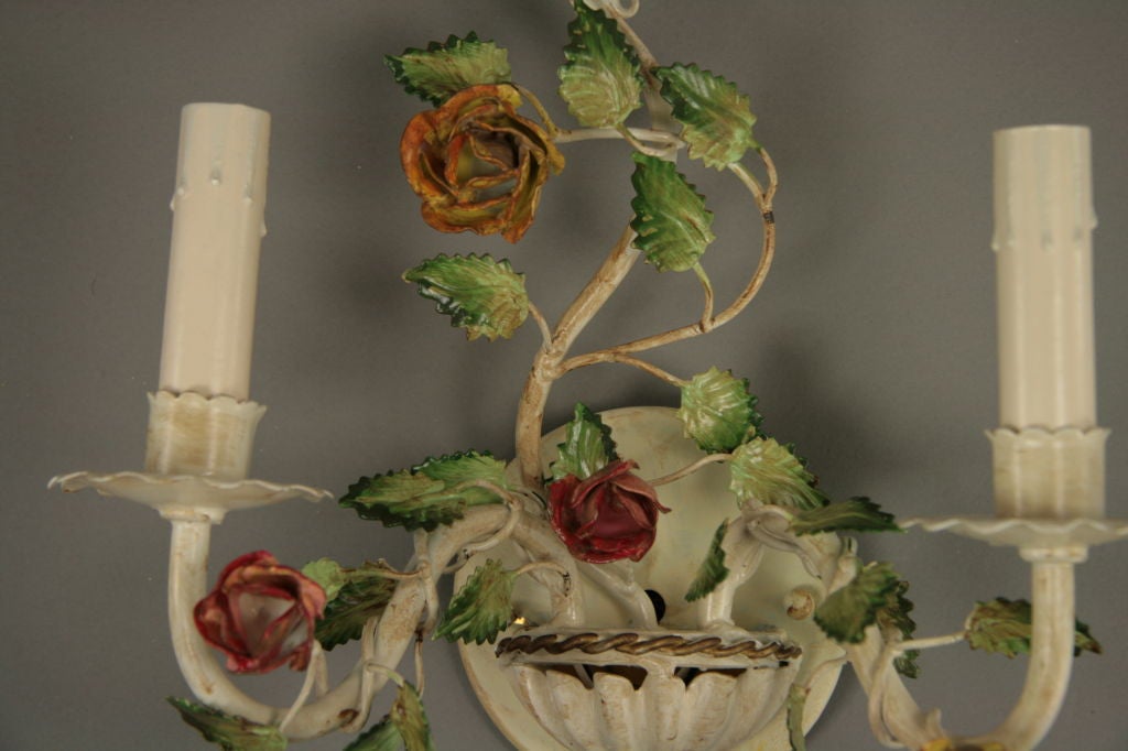 Mid-20th Century Pair of Italian Tole Roses Double Arm Sconces