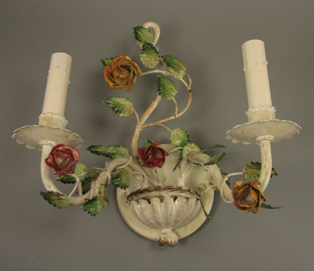 Metal Pair of Italian Tole Roses Double Arm Sconces