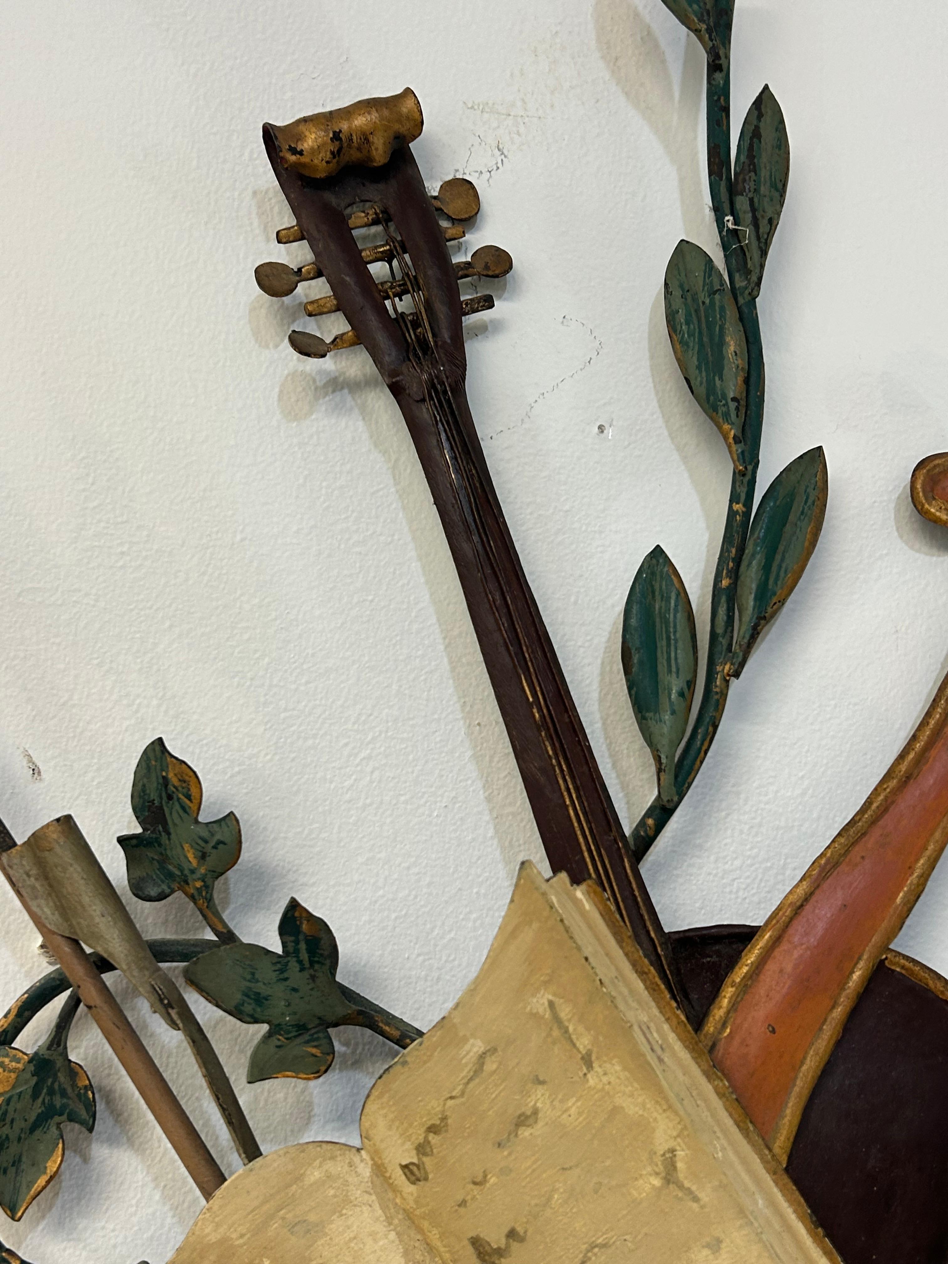 Pair of Italian tole sconces with lyre  and violin For Sale 4