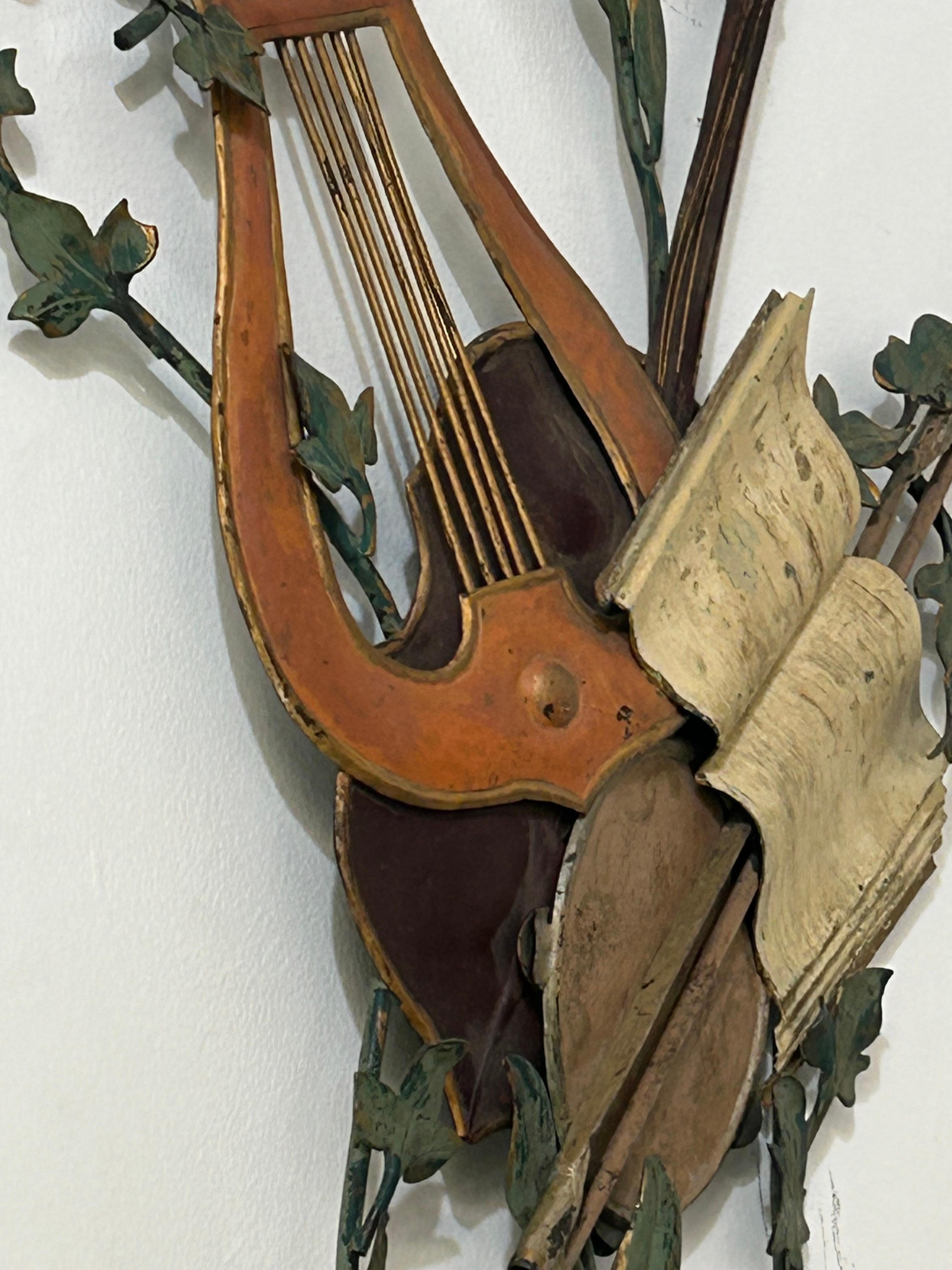 Pair of Italian tole sconces with lyre  and violin For Sale 7