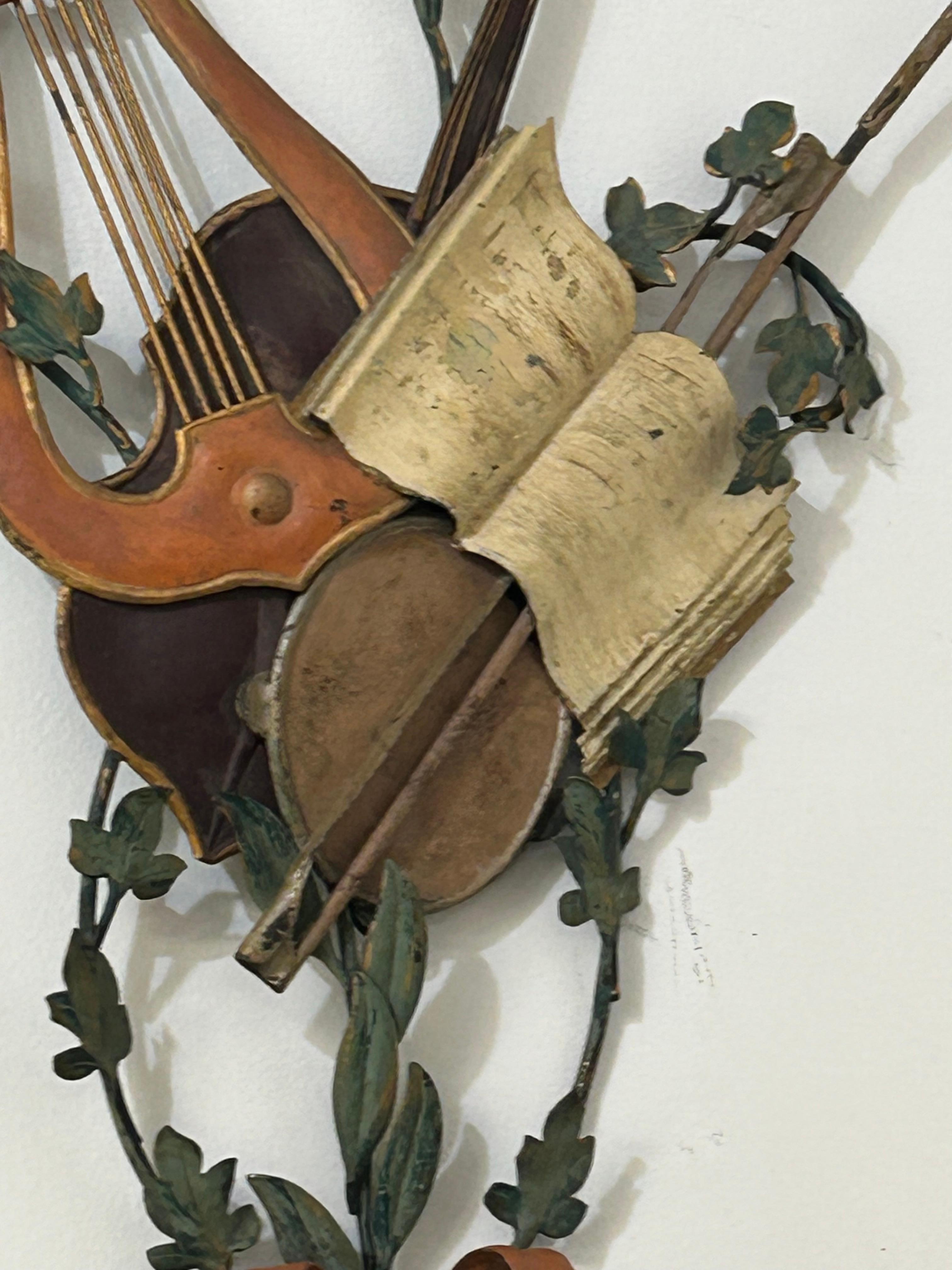 Pair of Italian tole sconces with lyre  and violin For Sale 8