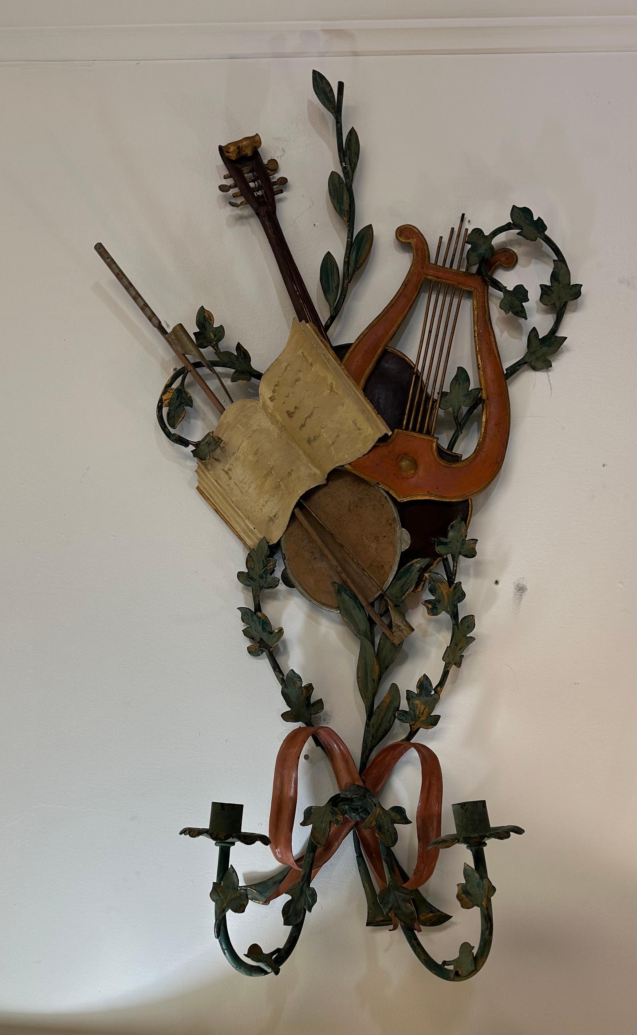 Hand-Painted Pair of Italian tole sconces with lyre  and violin For Sale