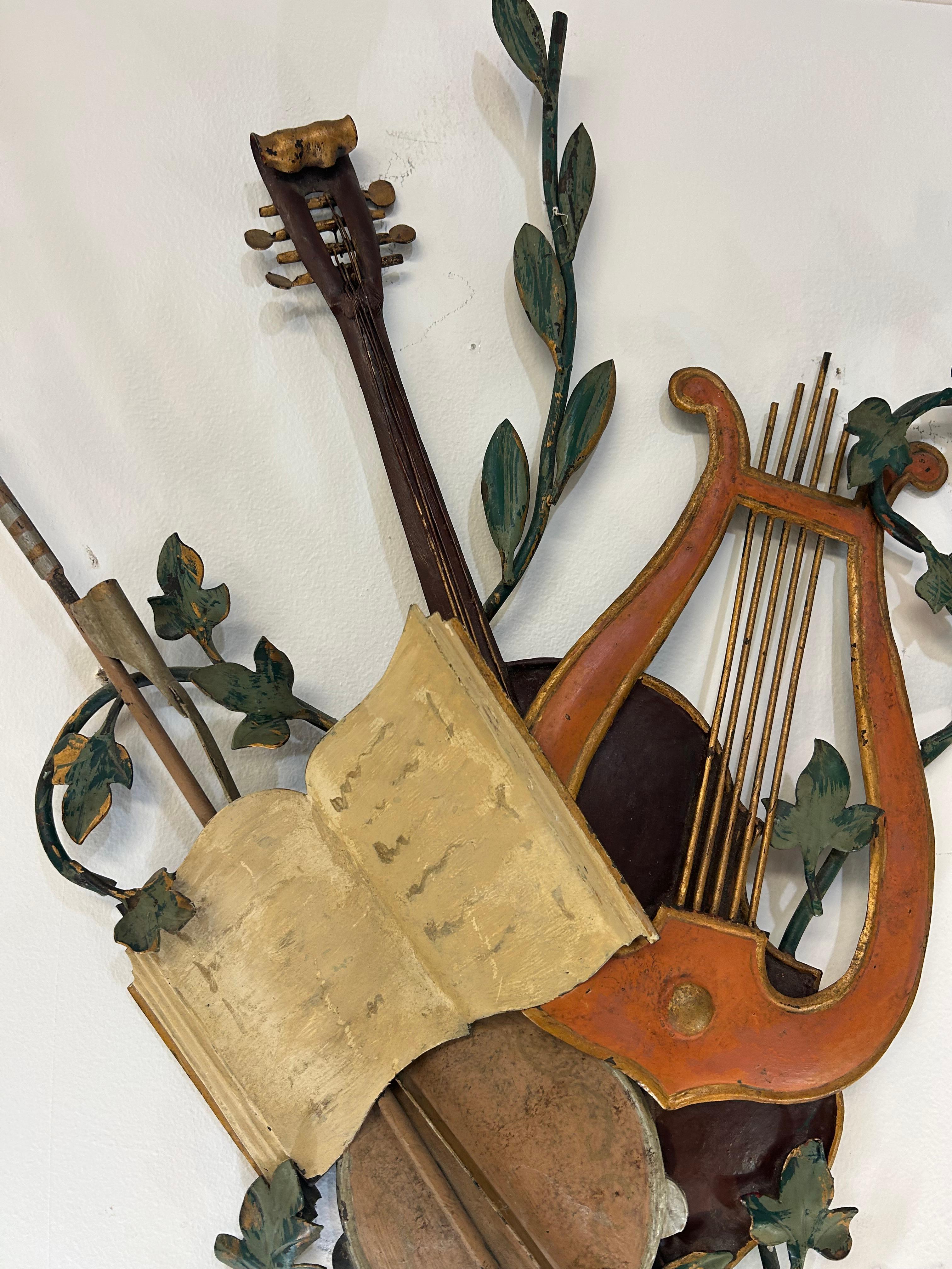 Early 20th Century Pair of Italian tole sconces with lyre  and violin For Sale