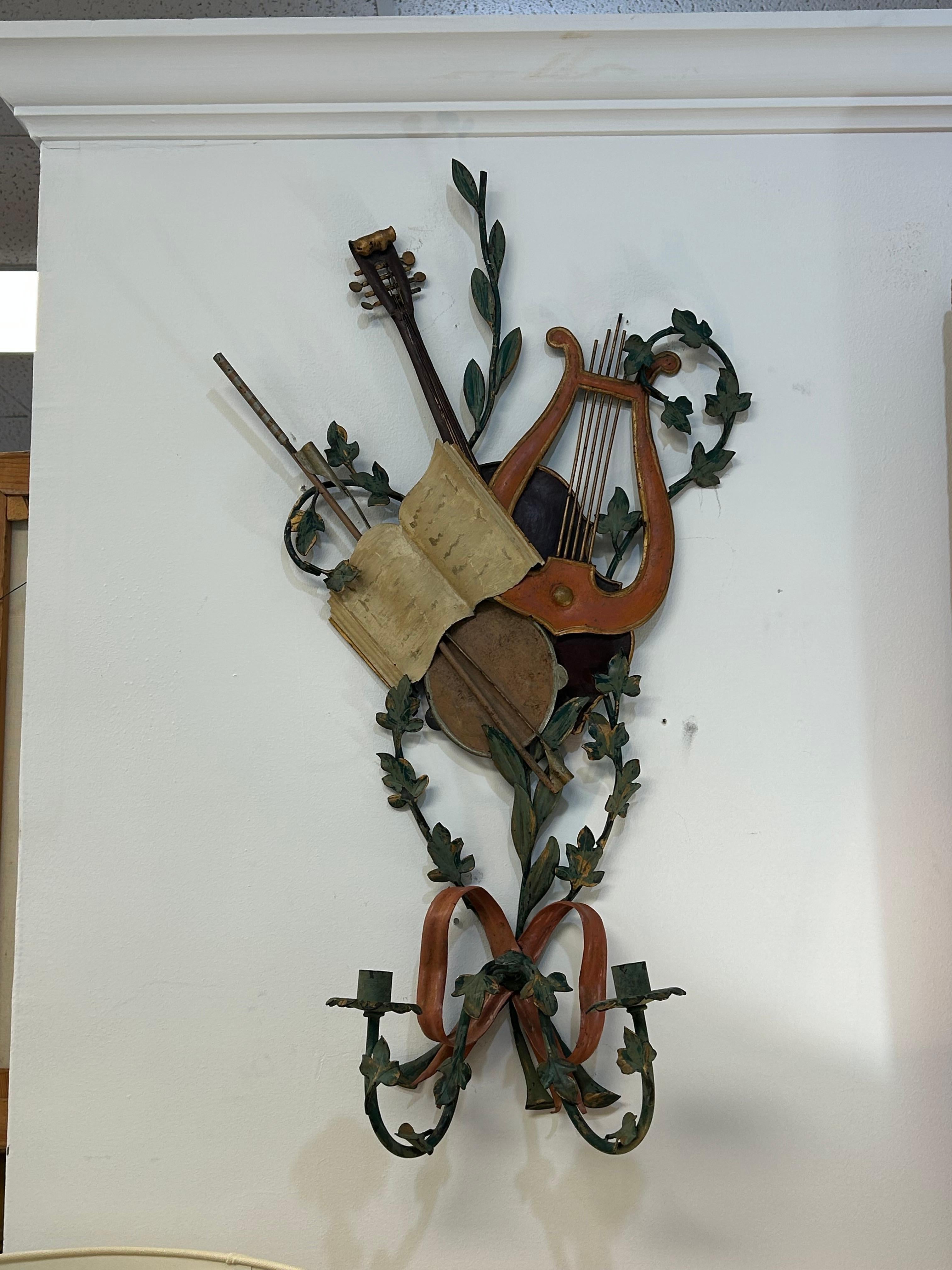 Metal Pair of Italian tole sconces with lyre  and violin For Sale