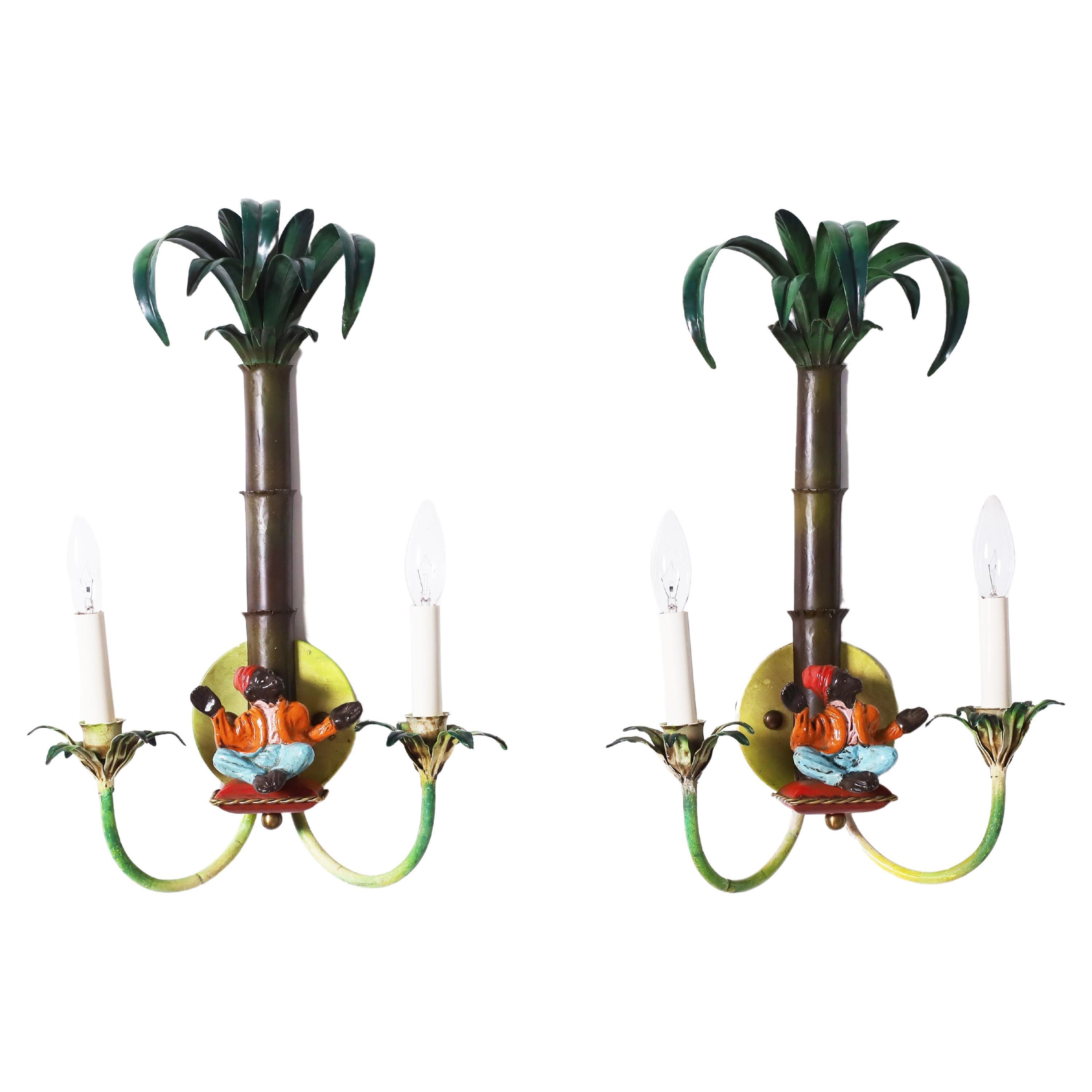 Pair of Italian Tole Wall Sconces with Monkeys For Sale