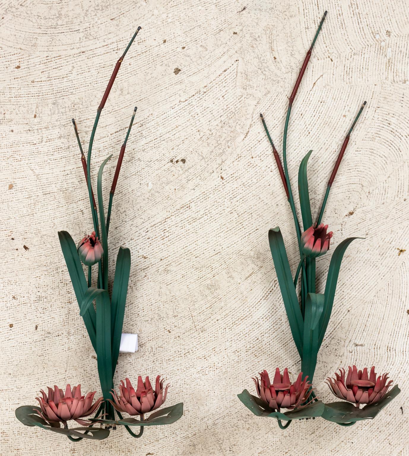 Hollywood Regency Pair of Italian Tole Water Lily Candle Sconces