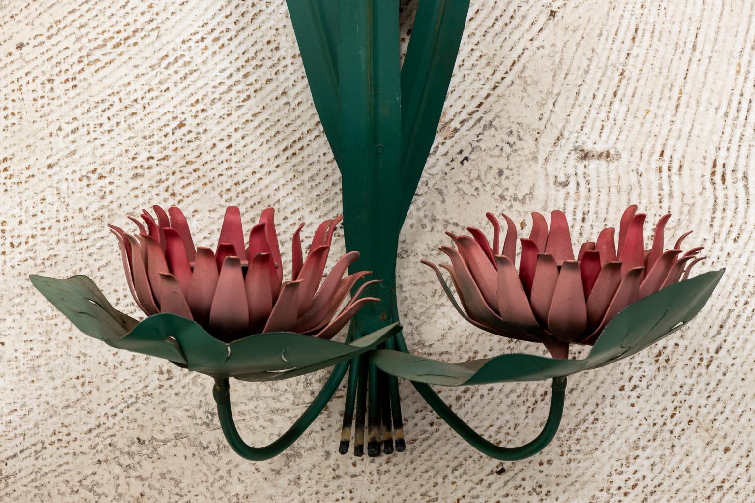 Painted Pair of Italian Tole Water Lily Candle Sconces