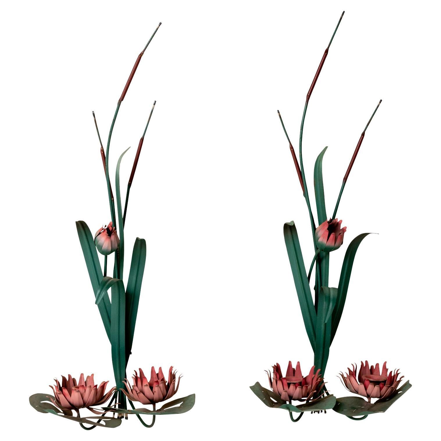 Pair of Italian Tole Water Lily Candle Sconces