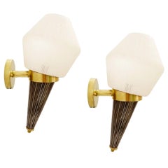 Pair of Italian Torch Wall Sconces in Brass and Glass