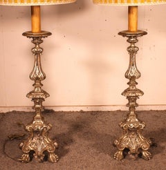 Pair of Italian Torcheres in Silver Wood Early 19th Century
