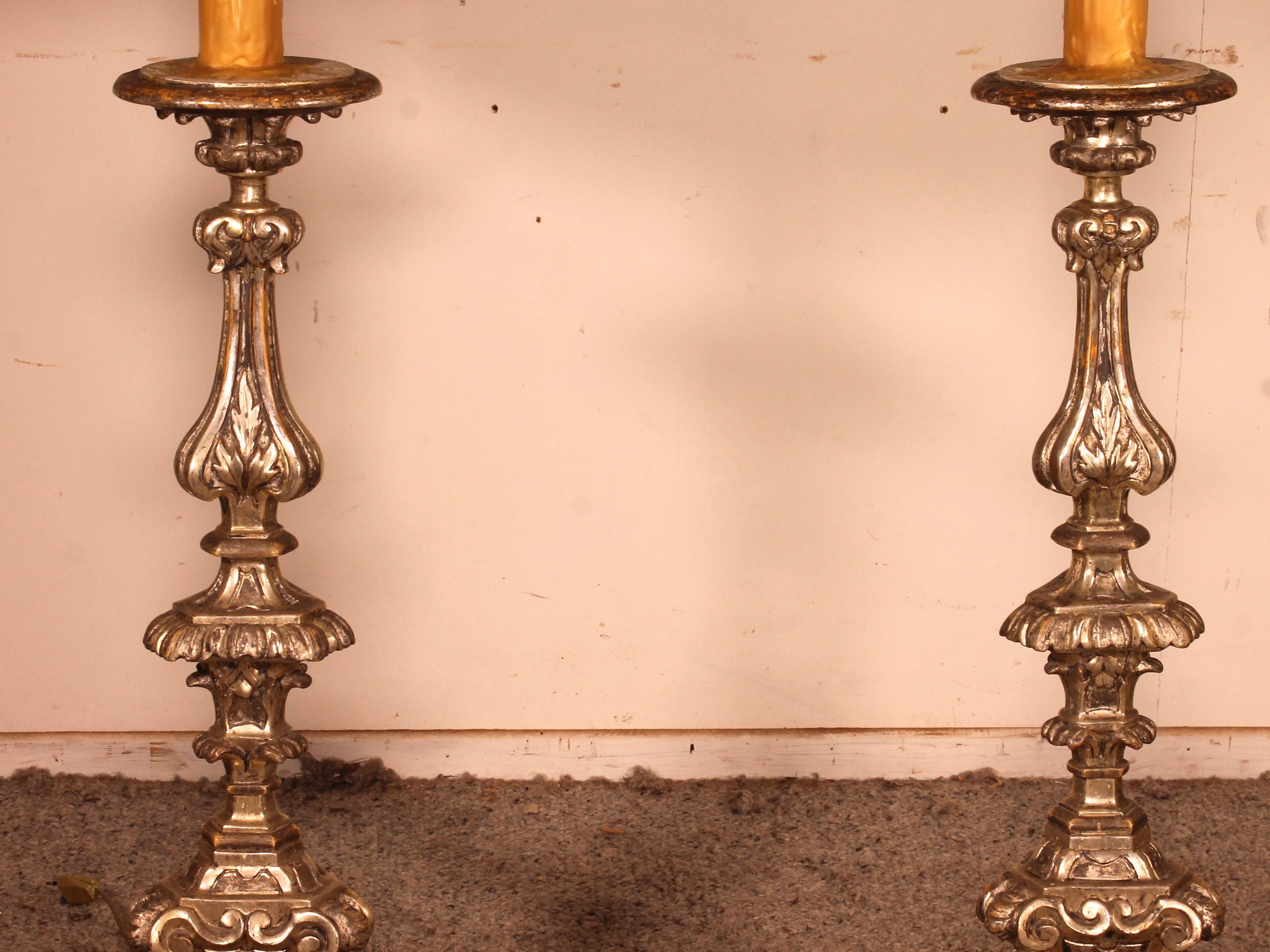 Louis XV Pair of Italian Torcheres in Silver Wood Early 19th Century For Sale