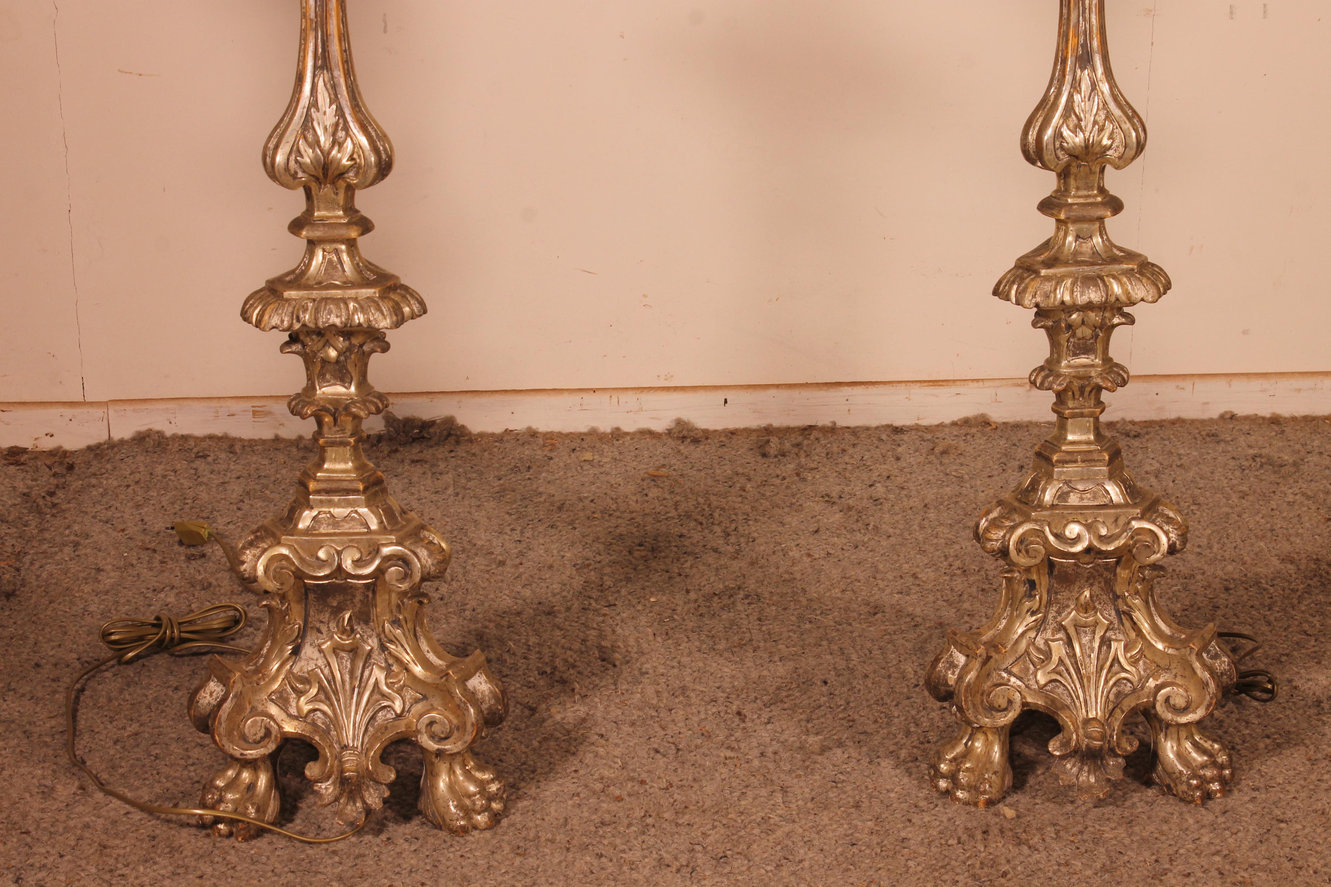 Pair of Italian Torcheres in Silver Wood Early 19th Century In Good Condition For Sale In Brussels, Brussels