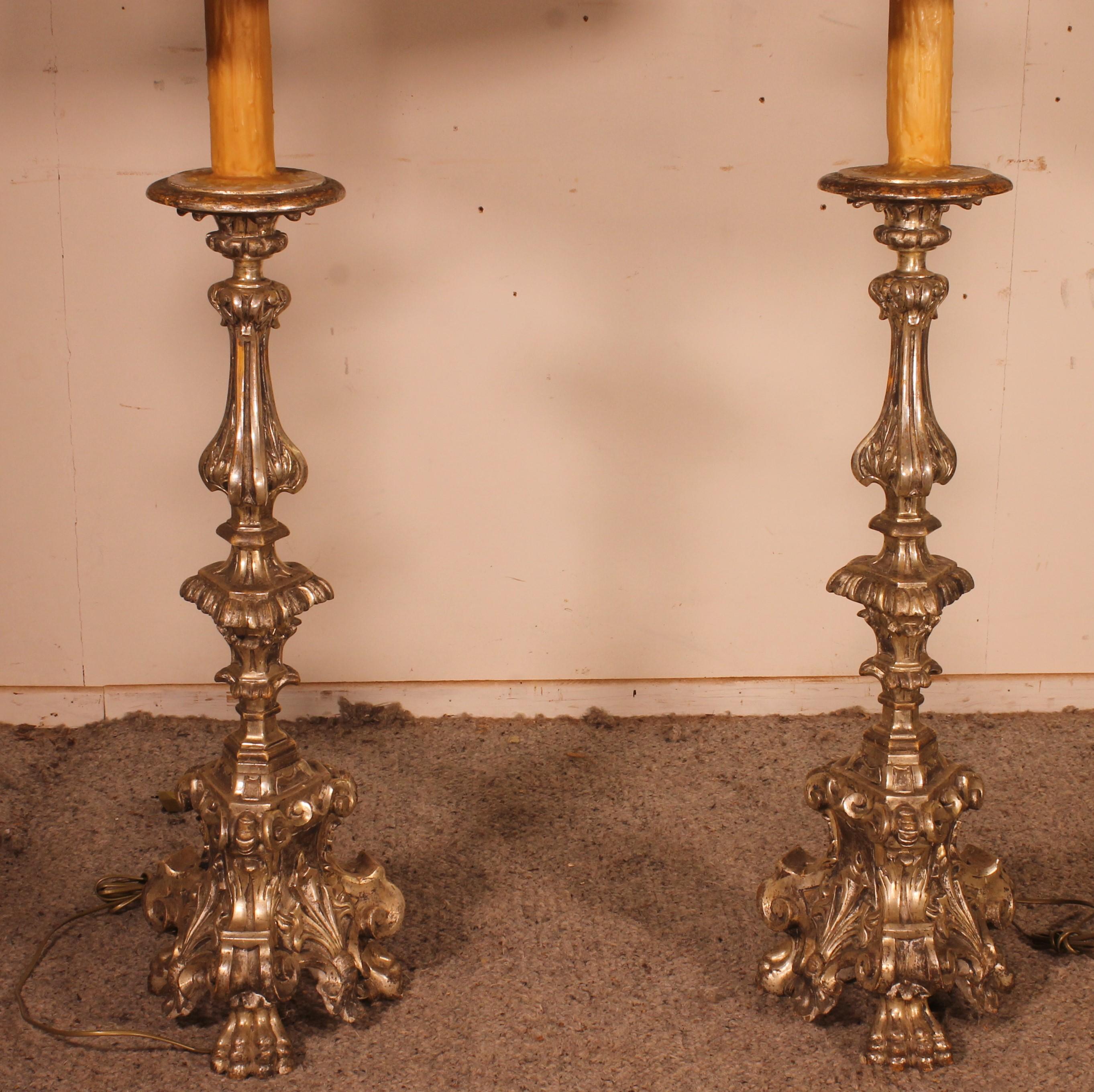 Giltwood Pair of Italian Torcheres in Silver Wood Early 19th Century For Sale