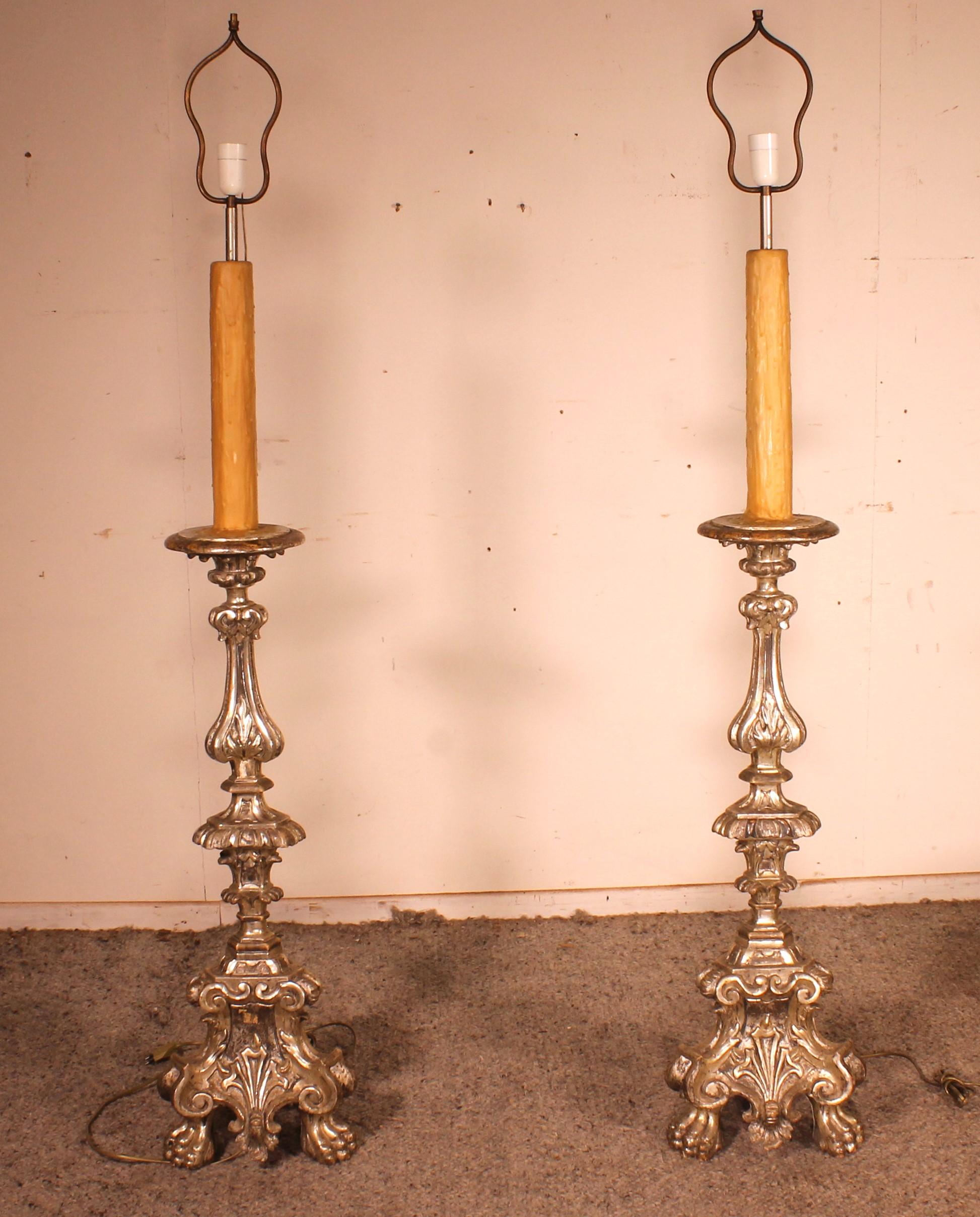 Pair of Italian Torcheres in Silver Wood Early 19th Century For Sale 3