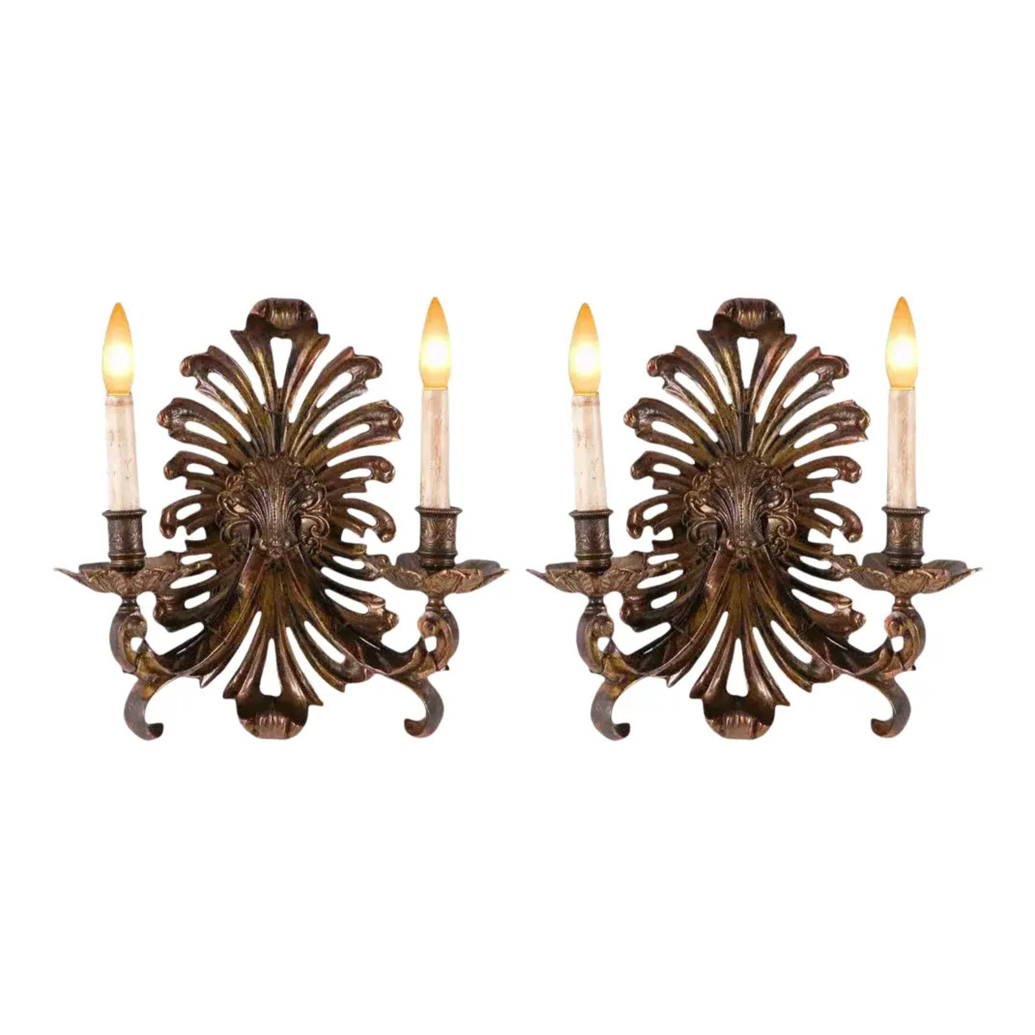 Pair of Italian 2-Light Wall Sconces with Plume Fretwork For Sale